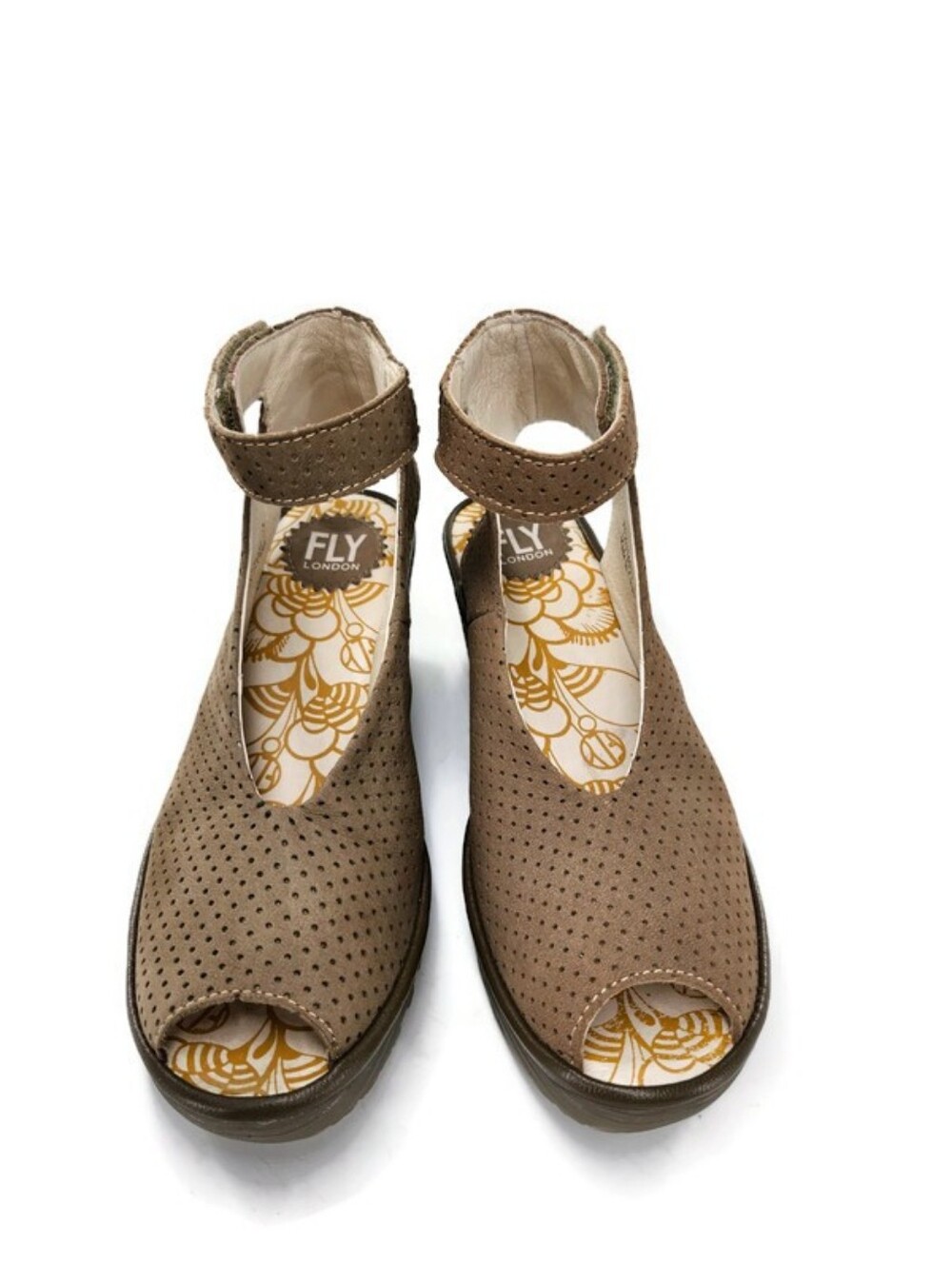 Fly London Yala Taupe Perforated Leather Ankle Strap Peep-Toe Wedge Heel Sandals - Picture 6 of 15